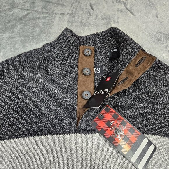Chaps Sweater Mens Large Gray Stripe 1/4 Button Preppy Cotton Pullover NEW - Picture 4 of 9